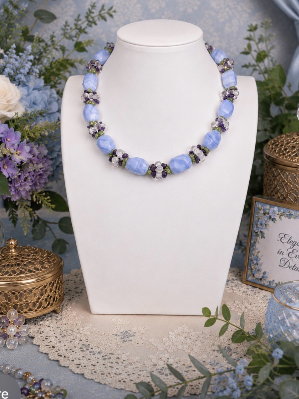 ROSS-SIMONS Vintage Blue Lace Agate, Amethyst, and Peridot Gemstone Necklace